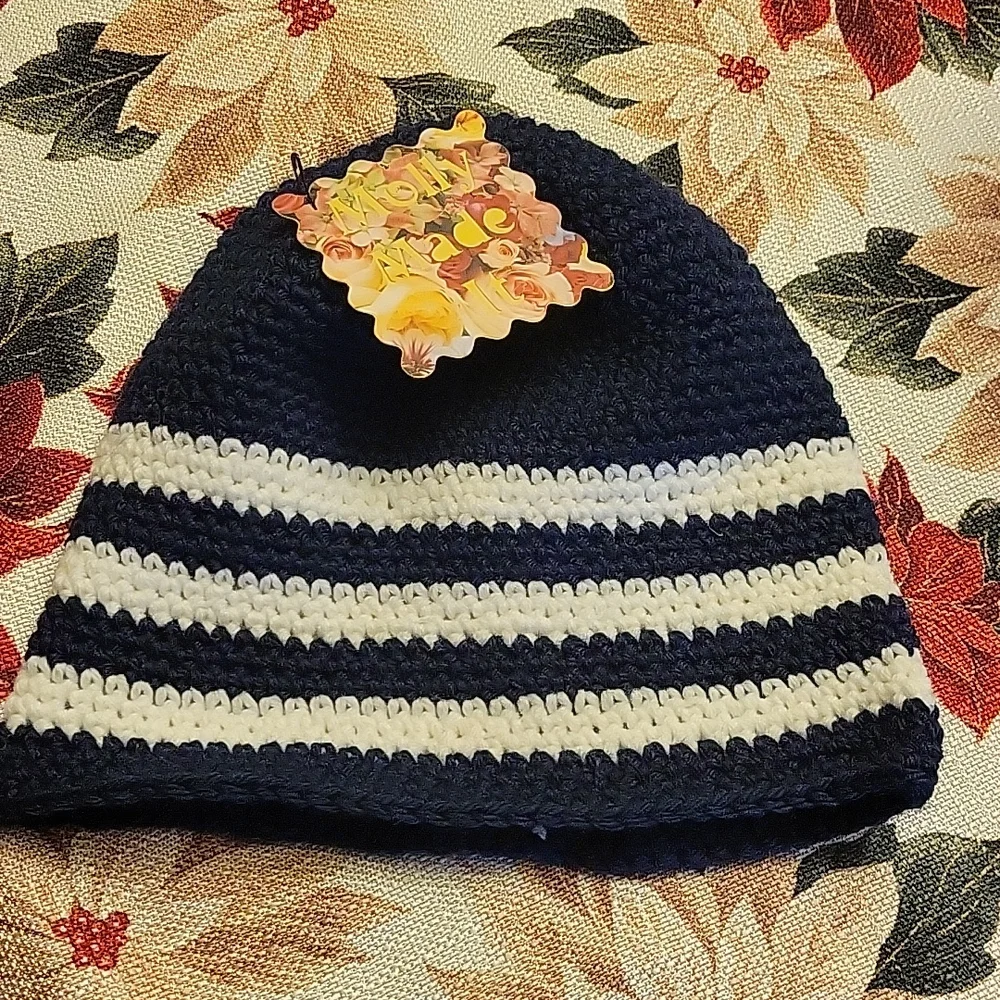 Handmade blue and white striped crochet hat beanie hand-made